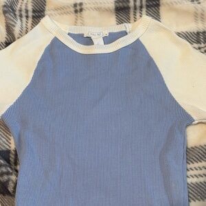 Blue and white long sleeve shirt.